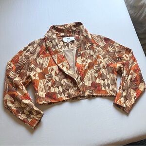 THE BRIGHT SIDE brown‎ orange cream geo one button cropped long sleeve jacket